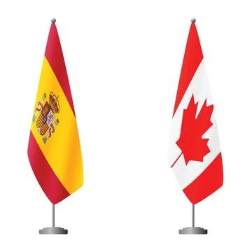 Spain and Canada flags on flagpoles for official ceremonies and meetings Illustrazione stock