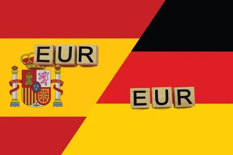 Spain and Germany currencies codes on national flags background 스톡 일러스트