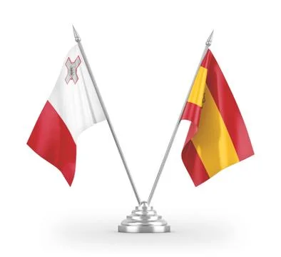 Spain and Malta table flags isolated on white 3D rendering Stock Illustration