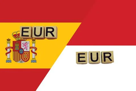 Spain and Monaco currencies codes on national flags background 스톡 일러스트