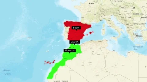 Spain and morocco map animation highlighting the border and ceuta region Stock Footage 345600943