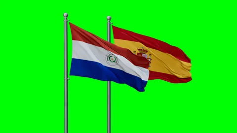 Spain and Paraguay two flags Stock Footage 293211433