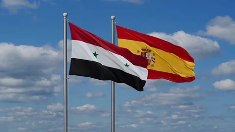 Spain and Syria two flags Stock Footage 288158181