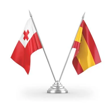 Spain and Tonga table flags isolated on white 3D rendering Stock Illustration