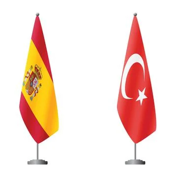 Spain and Turkey flags on flagpoles for official ceremonies and meetings Illustrazione stock