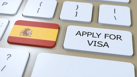 Spain, Apply for Visa Concept. Button Push 3D Illustration. Visa Apply for Illustrazione stock