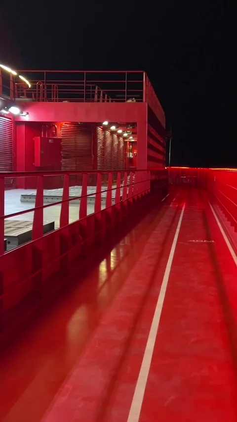 Spain Barcelona 11.11.2024 Upper deck for running red cruise ship Virgin Voyages Stock Footage 294721406