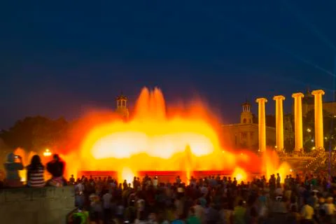 Spain, Barcelona, evening view of the singing fountain Stock Photos