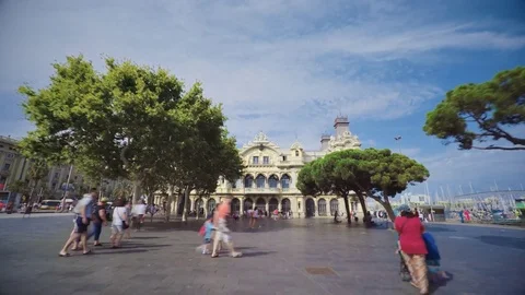 SPAIN BARCELONA JULY 2017: Port Barcelona Hyperlapse, tourists walking Stock Footage