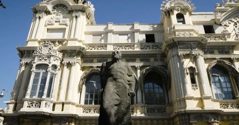 Spain Barcelona Statue in front of Building Stock Footage 82930089
