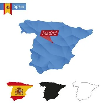 Spain blue Low Poly map with capital Madrid. Stock Illustration