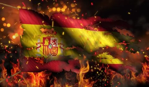 Spain burning fire flag war conflict night 3d Stock Illustration