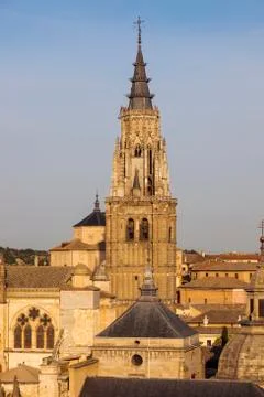 Spain, Castile-La Mancha, Toledo, Illuminated tower of Toledo Cathedral Stock Photos