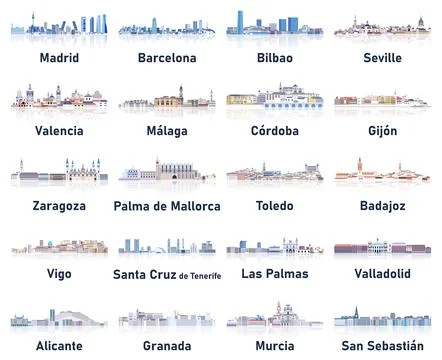 Spain cities skylines in soft cold tones color palette vector set Stock Illustration
