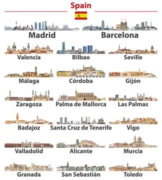 Spain cities skylines vector illustrations set Stock Illustration
