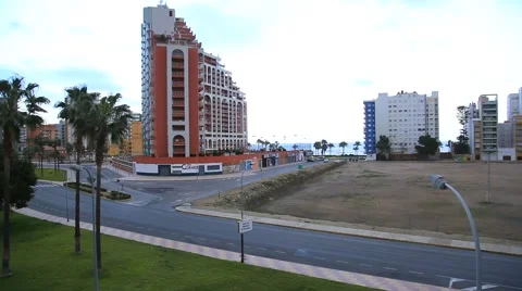 Spain. City Cullera. Panoramic views of the street, the building of hotels, sway Stock Footage 47863525