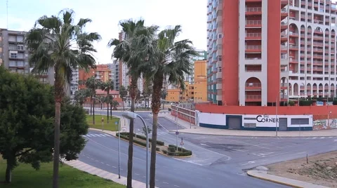 Spain. City Cullera. Panoramic views of the street, the building of hotels, sway Stock Footage 47879463