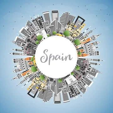 Spain City Skyline with Gray Buildings, Blue Sky and Copy Space. Modern and.. Ilustración de archivo