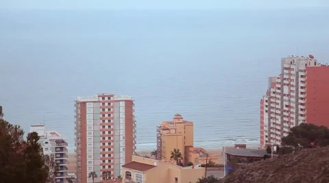 Spain. Cullera. Panoramic view on  sea and multi-storey building with resort. Wi Stock Footage 47867732
