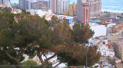 Spain. Cullera. Panoramic view on  sea and multi-storey building with resort. Wi Stock Footage 47876123