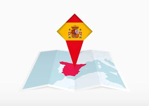Spain is depicted on a folded paper map and pinned location marker with fla.. Stock Illustration