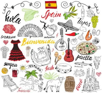 Spain doodles elements. Hand drawn set with spanish food paella, shrimps, oli Stockillustratie