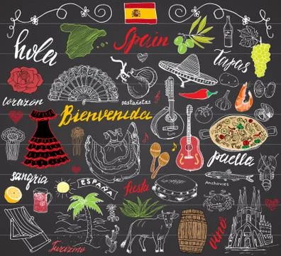 Spain doodles elements. Hand drawn set with spanish lettering, food paella, s 스톡 일러스트