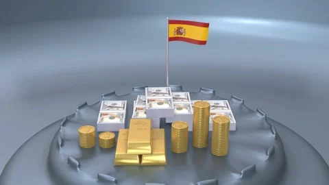 Spain economic wealth with stacked dollar bills gold bars and waving flag Stock Footage 328664314