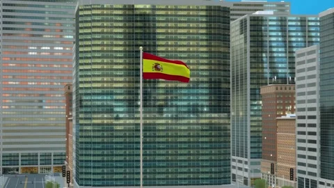 Spain Flag 3D Render Animation on Pole with Modern Business District Buildin Video stock 332877763