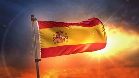 Spain Flag Backlit At Beautiful Sunrise Loop Slow Motion 4K Stock Footage 76832075