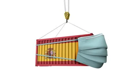 Spain flag cargo shipping container with protective mask. 3D Render Stock Illustration