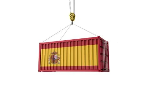 Spain flag cargo trade container hanging from a crane. 3D Render Stock Illustration