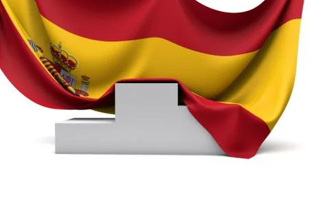 Spain flag draped over a competition winners podium. 3D Render Illustrazione stock