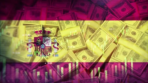 Spain Flag on Economic Background With Decrease Bar Chart Graph And Arrow Stock Footage 320893150