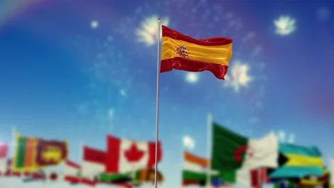 Spain Flag With Flags Of The World And Fireworks Moring And Night 3D Rendering Video stock 149958357