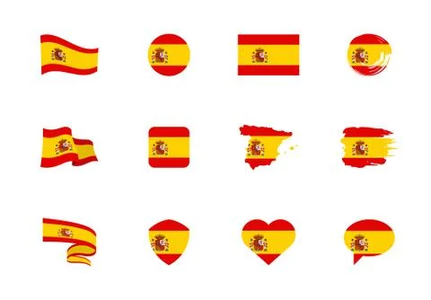Spain flag - flat collection. Flags of different shaped twelve flat icons. Stock Illustration