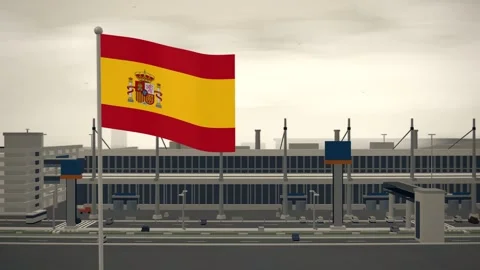 Spain Flag Flying Over Airport Terminal Curbside Departures seamless loop Stock Footage 344965738