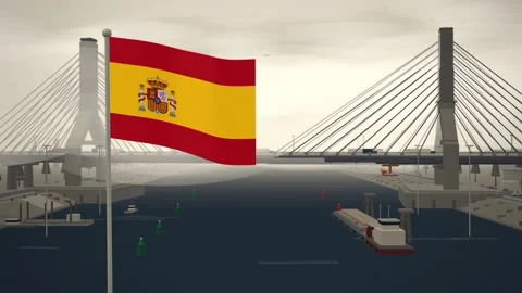 Spain Flag Flying Over Cable Stayed Bridge River seamless loop Stock Footage 345373470