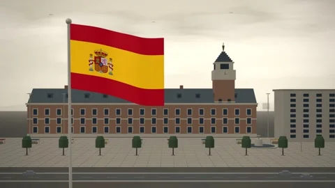 Spain Flag Flying Over City Hall Clock Tower seamless loop Stock Footage 344965739