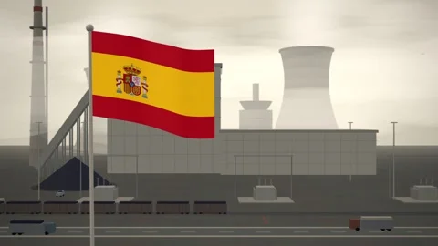 Spain Flag Flying Over Coal Power Station Cooling Towers seamless loop Stock Footage 344965732