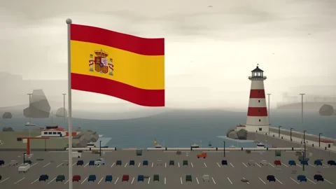 Spain Flag Flying Over Coastal Harbor Lighthouse Waterfront seamless loop Stock Footage 345376857
