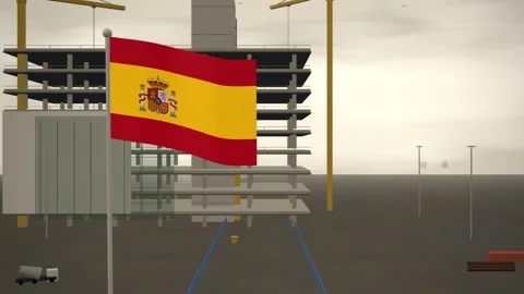 Spain Flag Flying Over Construction Site Tower Cranes seamless loop Stock Footage 344965891