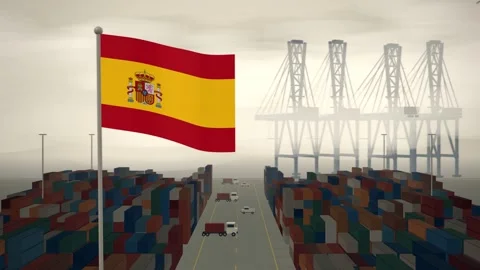 Spain Flag Flying Over A Container Port Terminal In Morning Haze Stock-Footage 344472430