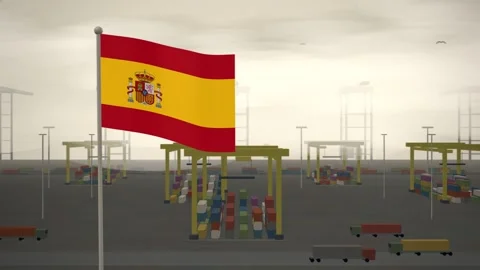 Spain Flag Flying Over Container Terminal Stacking Yard seamless loop Stock-Footage 344965771