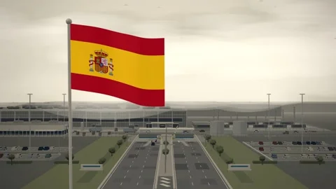 Spain Flag Flying Over Data Center Technology Campus seamless loop Stock Footage 344965962