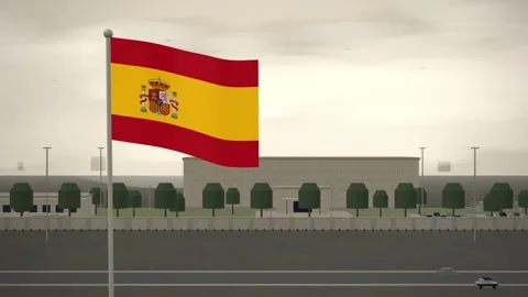 Spain Flag Flying Over Embassy Compound Perimeter Wall seamless loop Stock Footage 345133006