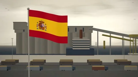 Spain Flag Flying Over Grain Export Terminal Silos seamless loop Stock Footage 345138539