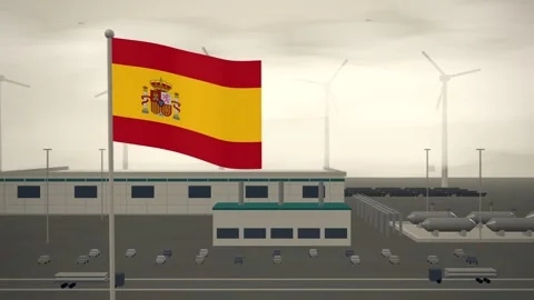 Spain Flag Flying Over Green Hydrogen Electrolyser Plant seamless loop Stock Footage 345305341