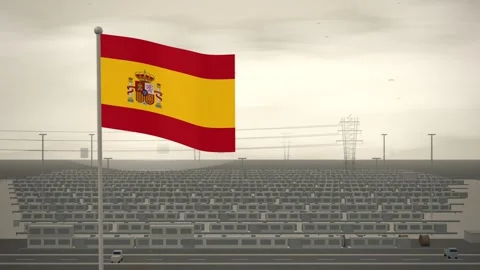 Spain Flag Flying Over Grid Battery Storage Farm seamless loop Stock Footage 344850809
