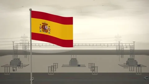 Spain Flag Flying Over High Voltage Electrical Substation seamless loop Stock Footage 344965723